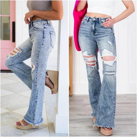 SOLD NEW Acid Washed Ripped Flare Jeans by Risen sz 15/32 Buckle - Picture 5 of 9